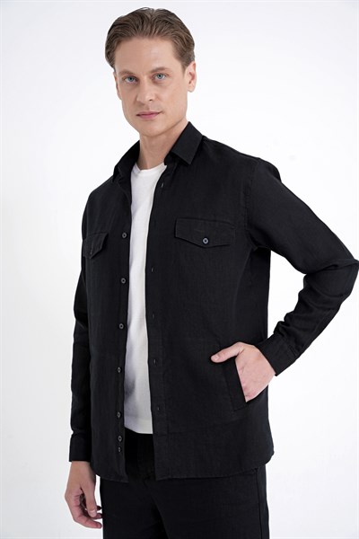 Comfort Fit Yan Cepli %100 Keten Siyah Gömlek Ceket G 1602