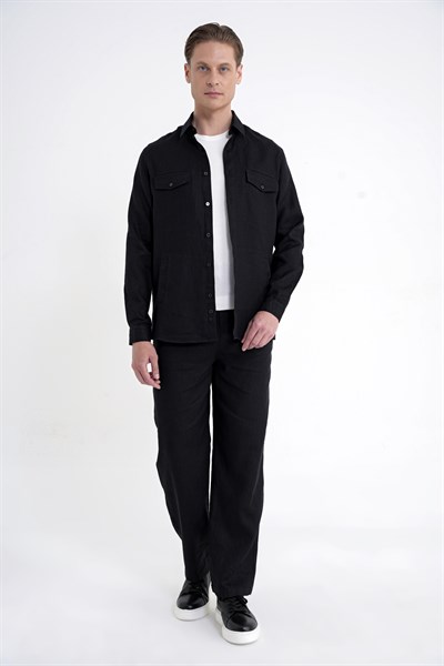 Comfort Fit Yan Cepli %100 Keten Siyah Gömlek Ceket G 1602
