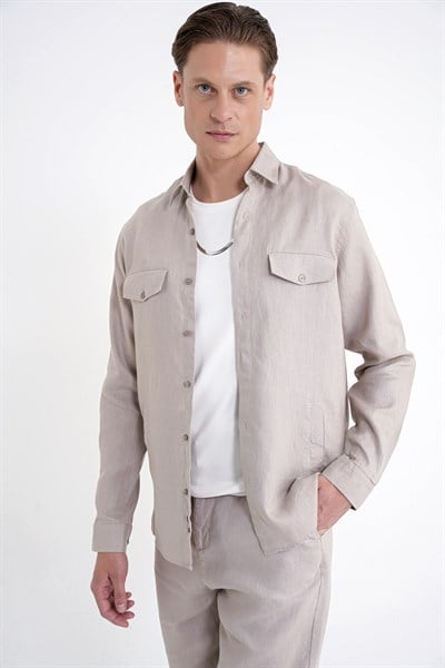 Comfort Fit Yan Cepli %100 Keten Taş Gömlek Ceket G 1602