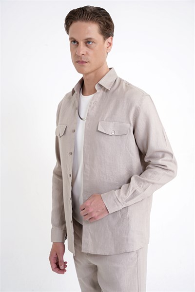 Comfort Fit Yan Cepli %100 Keten Taş Gömlek Ceket G 1602
