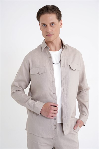 Comfort Fit Yan Cepli %100 Keten Taş Gömlek Ceket G 1602