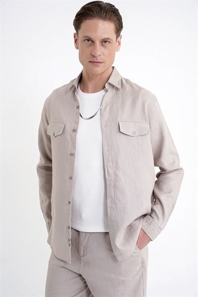 Comfort Fit Yan Cepli %100 Keten Taş Gömlek Ceket G 1602