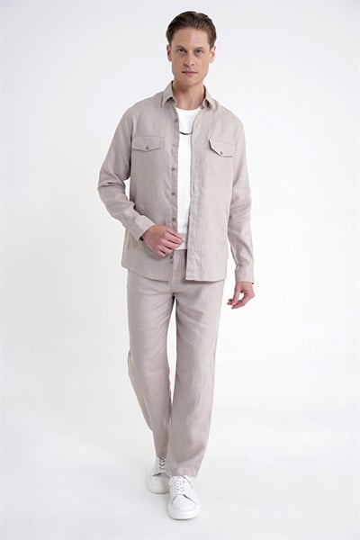 Comfort Fit Yan Cepli %100 Keten Taş Gömlek Ceket G 1602