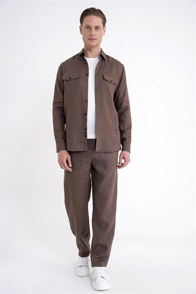 Comfort Fit Yan Cepli %100 Keten Vizon Gömlek Ceket G 1602