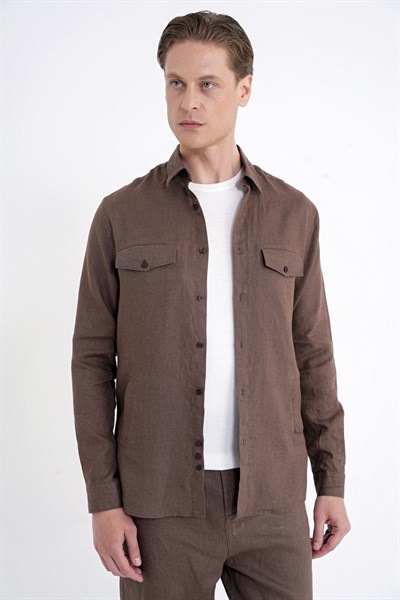 Comfort Fit Yan Cepli %100 Keten Vizon Gömlek Ceket G 1602