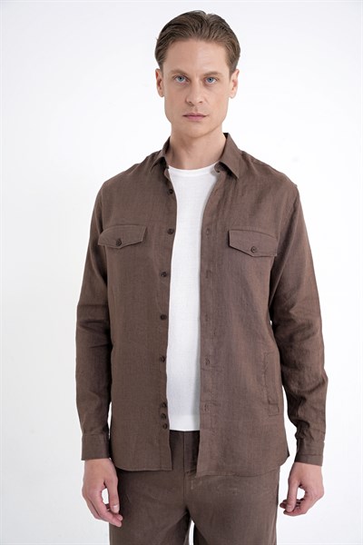 Comfort Fit Yan Cepli %100 Keten Vizon Gömlek Ceket G 1602