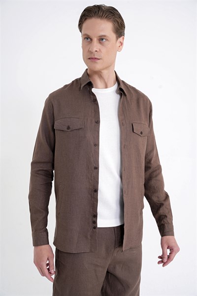 Comfort Fit Yan Cepli %100 Keten Vizon Gömlek Ceket G 1602