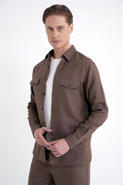 Comfort Fit Yan Cepli %100 Keten Vizon Gömlek Ceket G 1602