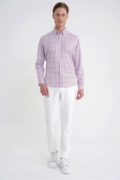 Slim Fit Pamuklu Baskılı Desen Yaka Düğmeli Bordo Gömlek G 1603