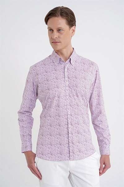 Slim Fit Pamuklu Baskılı Desen Yaka Düğmeli Bordo Gömlek G 1603