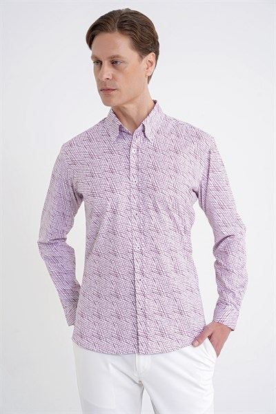 Slim Fit Pamuklu Baskılı Desen Yaka Düğmeli Bordo Gömlek G 1603