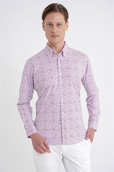 Slim Fit Pamuklu Baskılı Desen Yaka Düğmeli Bordo Gömlek G 1603
