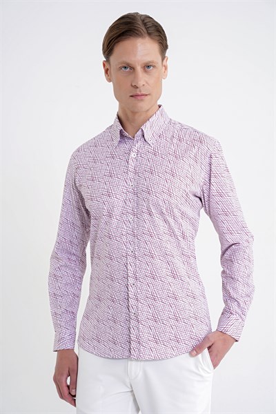 Slim Fit Pamuklu Baskılı Desen Yaka Düğmeli Bordo Gömlek G 1603