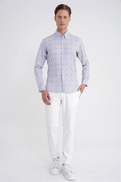 Slim Fit Pamuklu Baskılı Desen Yaka Düğmeli Gri Gömlek G 1603