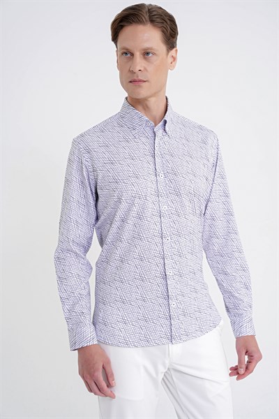 Slim Fit Pamuklu Baskılı Desen Yaka Düğmeli Gri Gömlek G 1603