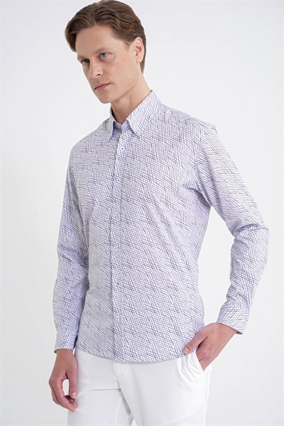 Slim Fit Pamuklu Baskılı Desen Yaka Düğmeli Gri Gömlek G 1603
