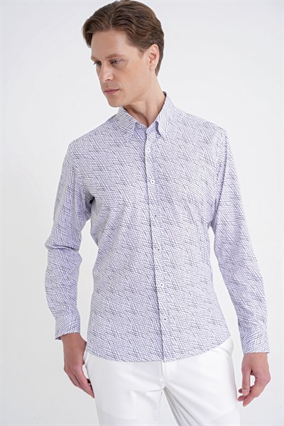 Slim Fit Pamuklu Baskılı Desen Yaka Düğmeli Gri Gömlek G 1603