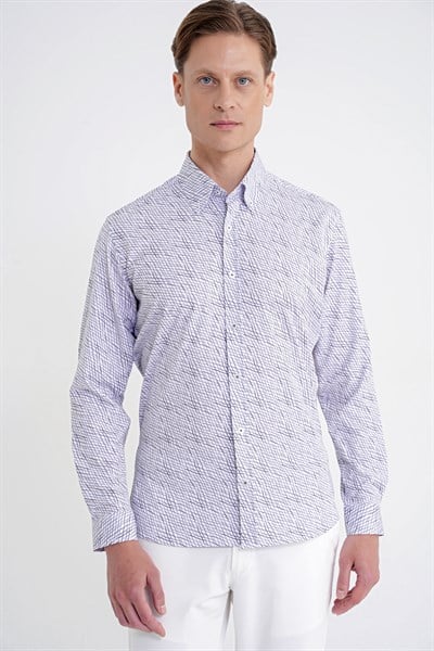Slim Fit Pamuklu Baskılı Desen Yaka Düğmeli Gri Gömlek G 1603