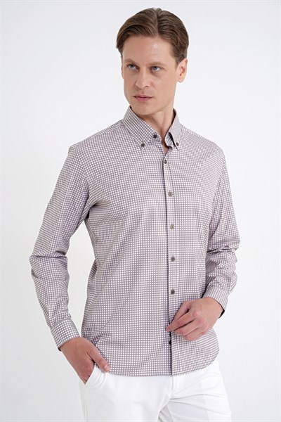 Slim Fit Pötikare Baskılı Pamuklu Yaka Düğmeli Vizon Gömlek G 1604