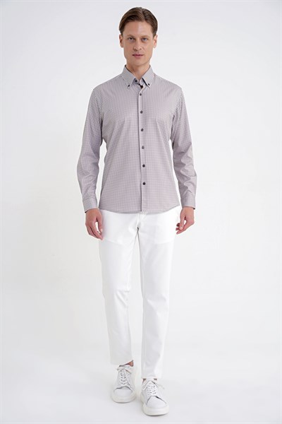 Slim Fit Pötikare Baskılı Pamuklu Yaka Düğmeli Vizon Gömlek G 1604