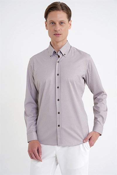 Slim Fit Pötikare Baskılı Pamuklu Yaka Düğmeli Vizon Gömlek G 1604
