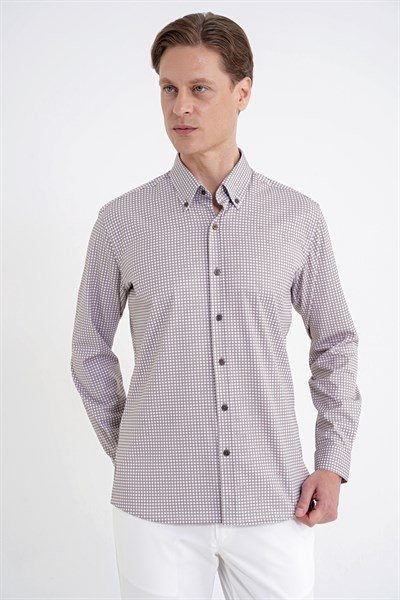 Slim Fit Pötikare Baskılı Pamuklu Yaka Düğmeli Vizon Gömlek G 1604