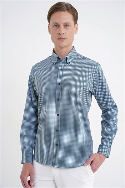 Slim Fit Pötikare Baskılı Pamuklu Yaka Düğmeli Yeşil Gömlek G 1604