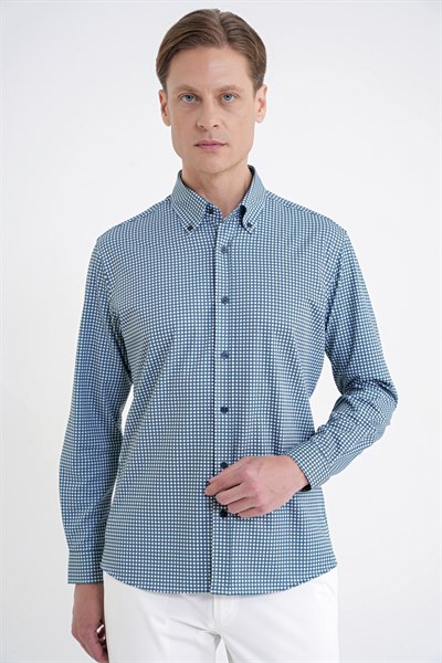 Slim Fit Pötikare Baskılı Pamuklu Yaka Düğmeli Yeşil Gömlek G 1604