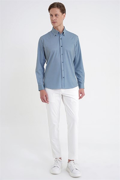 Slim Fit Pötikare Baskılı Pamuklu Yaka Düğmeli Yeşil Gömlek G 1604