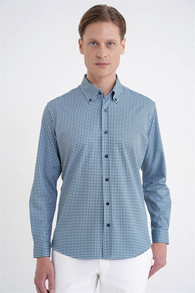 Slim Fit Pötikare Baskılı Pamuklu Yaka Düğmeli Yeşil Gömlek G 1604