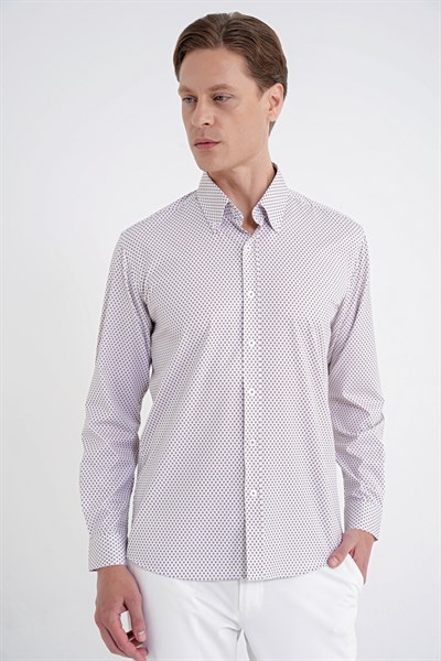 Slim Fit Yaka Düğmeli Baskılı Pamuklu Beyaz Gömlek G 1605