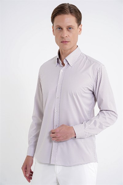 Slim Fit Yaka Düğmeli Baskılı Pamuklu Beyaz Gömlek G 1605