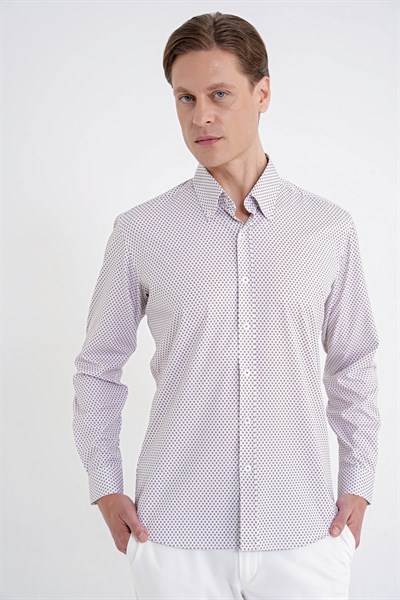 Slim Fit Yaka Düğmeli Baskılı Pamuklu Beyaz Gömlek G 1605