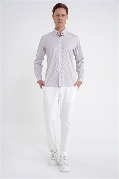 Slim Fit Yaka Düğmeli Baskılı Pamuklu Beyaz Gömlek G 1605