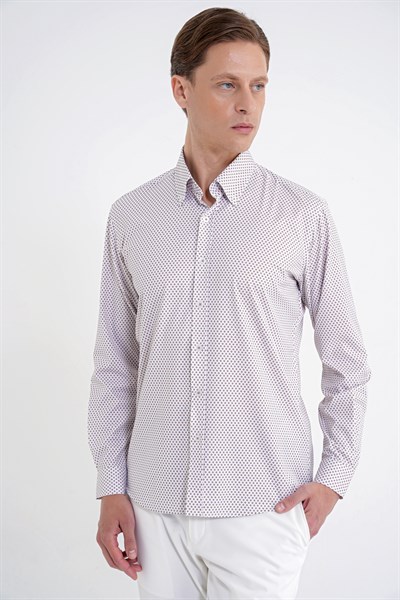 Slim Fit Yaka Düğmeli Baskılı Pamuklu Beyaz Gömlek G 1605
