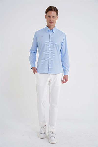 Slim Fit Yaka Düğmeli Baskılı Pamuklu Mavi Gömlek G 1605