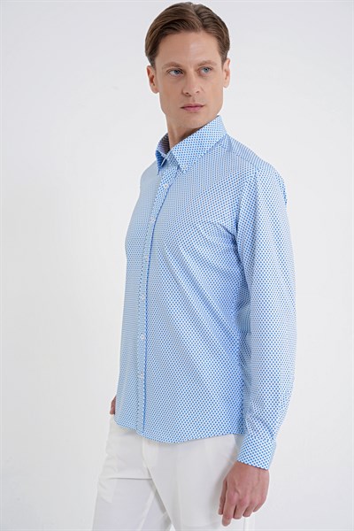 Slim Fit Yaka Düğmeli Baskılı Pamuklu Mavi Gömlek G 1605