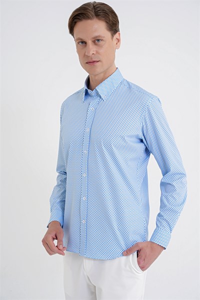 Slim Fit Yaka Düğmeli Baskılı Pamuklu Mavi Gömlek G 1605