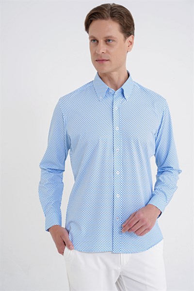 Slim Fit Yaka Düğmeli Baskılı Pamuklu Mavi Gömlek G 1605