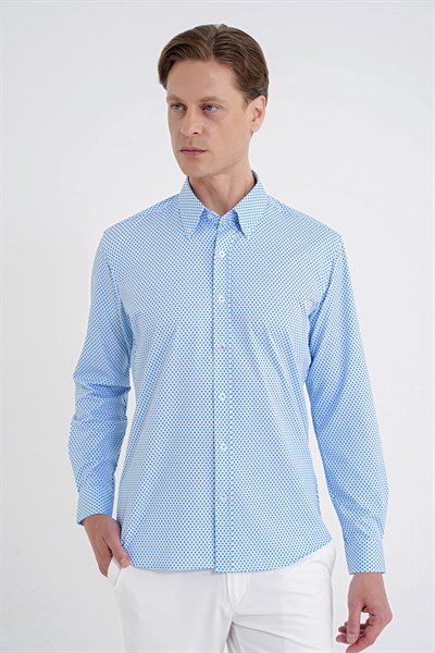 Slim Fit Yaka Düğmeli Baskılı Pamuklu Mavi Gömlek G 1605