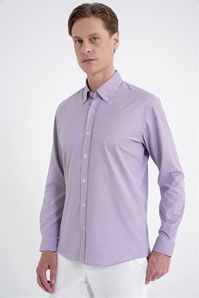 Slim Fit Yaka Düğmeli Baskılı Pamuklu Bordo Gömlek G 1606