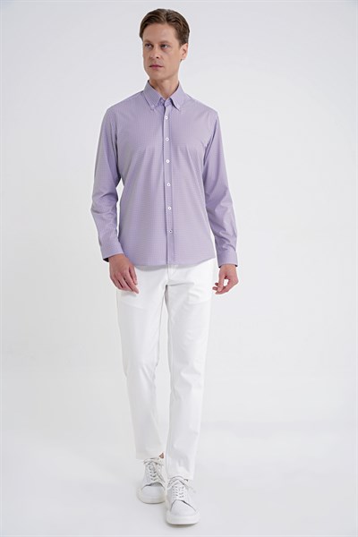 Slim Fit Yaka Düğmeli Baskılı Pamuklu Bordo Gömlek G 1606