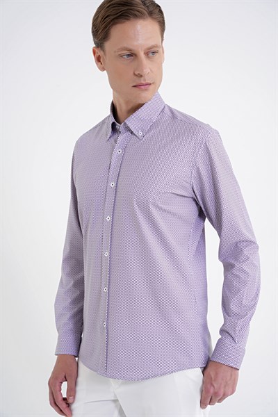 Slim Fit Yaka Düğmeli Baskılı Pamuklu Bordo Gömlek G 1606