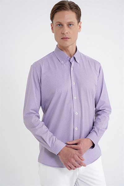Slim Fit Yaka Düğmeli Baskılı Pamuklu Bordo Gömlek G 1606