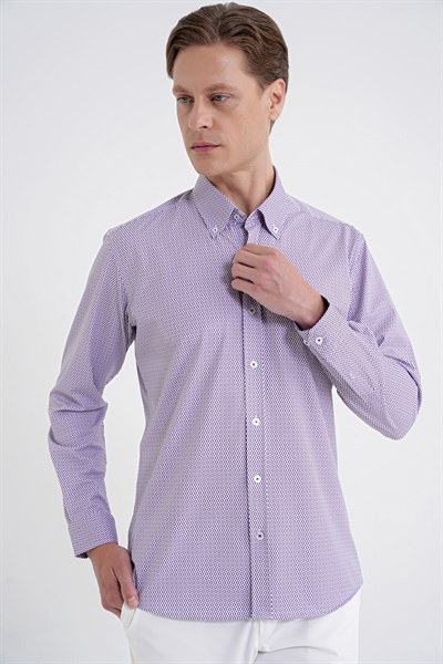 Slim Fit Yaka Düğmeli Baskılı Pamuklu Bordo Gömlek G 1606