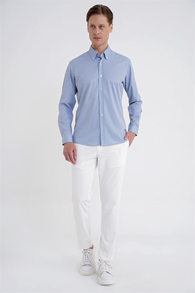 Slim Fit Yaka Düğmeli Baskılı Pamuklu Mavi Gömlek G 1606