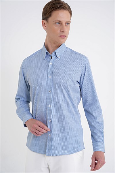 Slim Fit Yaka Düğmeli Baskılı Pamuklu Mavi Gömlek G 1606