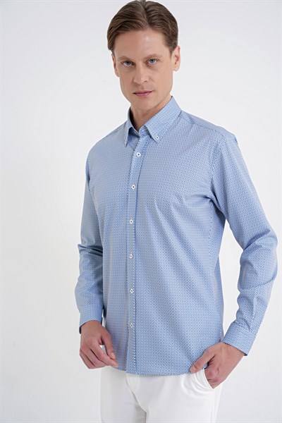 Slim Fit Yaka Düğmeli Baskılı Pamuklu Mavi Gömlek G 1606