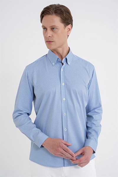 Slim Fit Yaka Düğmeli Baskılı Pamuklu Mavi Gömlek G 1606