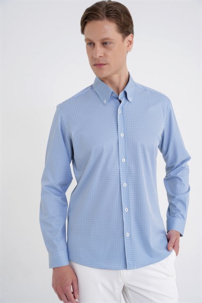Slim Fit Yaka Düğmeli Baskılı Pamuklu Mavi Gömlek G 1606